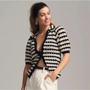 Maeve by Anthropologie Striped Crochet Short Sleeve Cardigan Size M